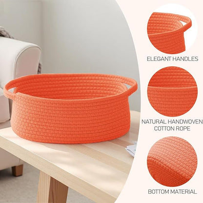 JMvicyroam Woven Basket,Small Rope Storage Bin with Handles & Ribbon Bag, Organizer for Shelves Closets,Gift Basket Empty for Birthday,Books,Dog Toys,Orange