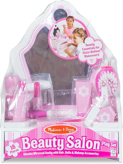 Melissa & Doug Wooden Beauty Salon Play Set With Vanity and Accessories (18 pcs) - FSC Certified