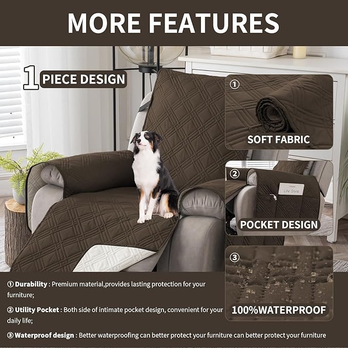 Easehomey 100% Waterproof Recliner Chair Covers, Non Slip Dog Chair Cover Furniture Protector Washable Chair Cover with Pocket, Elastic Straps for Kids,Pets,Dogs (Coffee, 23.6")