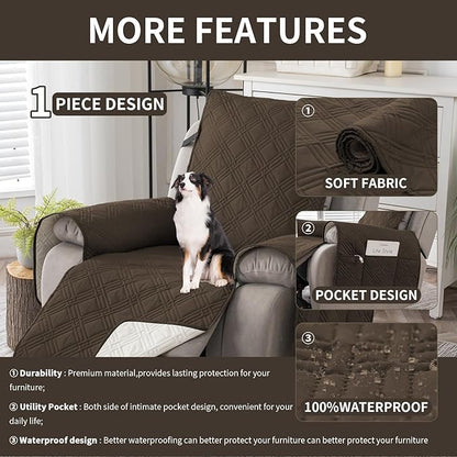 Easehomey 100% Waterproof Recliner Chair Covers, Non Slip Dog Chair Cover Furniture Protector Washable Chair Cover with Pocket, Elastic Straps for Kids,Pets,Dogs (Coffee, 23.6")