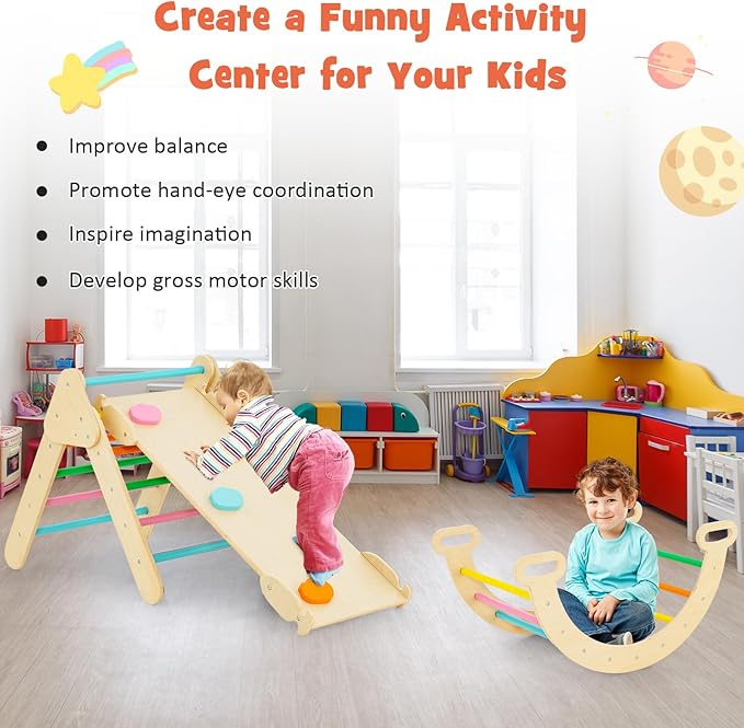 GLACER 5-in-1 Triangular Set of 3, Baby Climbing Toys w/Triangular Climber Arch Ramp Rocker, Indoor Outdoor Playground Wood Climbing Set, Early-Learning Montessori Toys (Colorful)