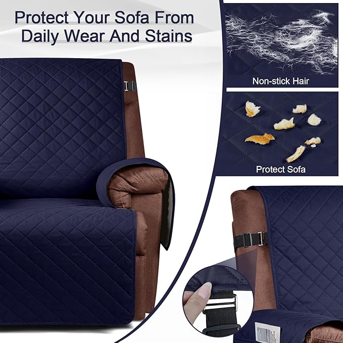 KinCam 100% Waterproof Recliner Chair Cover, Reclining Couch Covers for Pets, Dogs, Recliner Couch Slipcover Furniture Protector with Elastic Straps for Kids(28", Dark Blue)