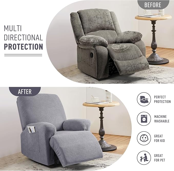 KinCam Recliner Covers, Stretch Reclining Chair Covers, Recliner Sofa Slipcovers Stripe Jacquard Recliner Couch Covers Furniture Protector Covers for Pet Kid (1 XL Seater, Light Gray)