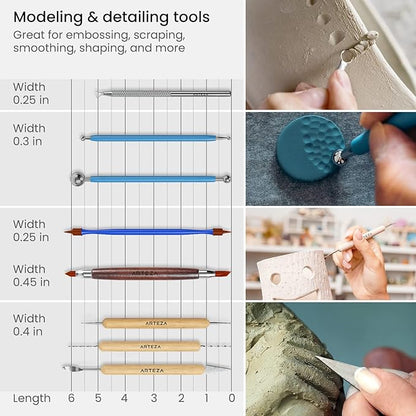 ARTEZA Pottery & Polymer Clay Tools, 22-Piece Sculpting Set, Steel Tip Tools with Wooden Handles, Craft Kit for Modeling, Carving