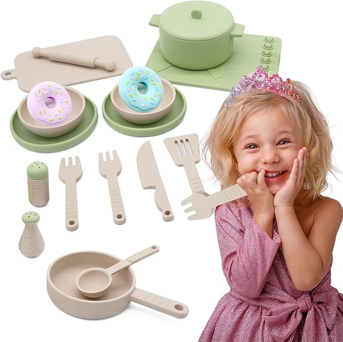 Play Kitchen Accessories, Silicone Pretend Play Kitchen Toys Set, Play Kitchen Pots and Pans Set for Kids, Learning Education Cooking Toys for Girls and Boys(Green)