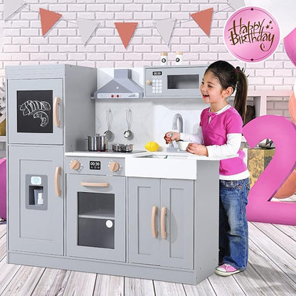 Grey Wooden Play Kitchen Set, Kitchen Playset with Cookware Accessories, Microwave, Oven, Sink, Real Lights & Sounds - Perfect for Chef Pretend Play