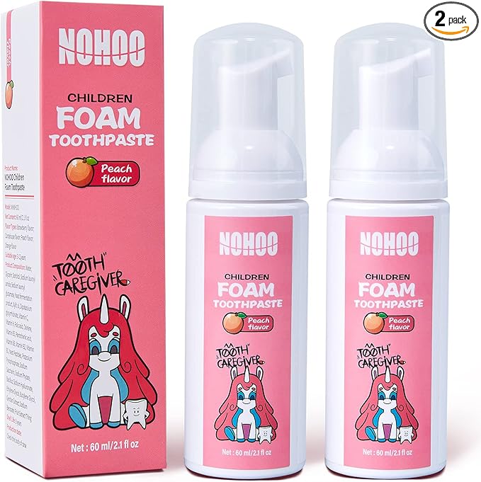 NOHOO Kids Foam Toothpaste with Fruit Flavor,Fluoride Free Natural Formul, Foam Toothpaste for Electric Toothbrush,Suitable for Toddler's Oral Cleaning and Cavity Prevention (2PCS Peach)