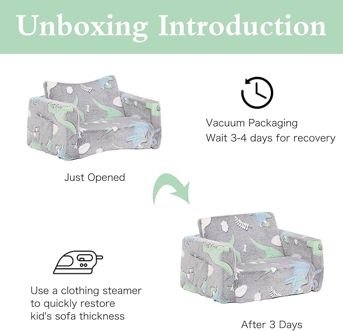 Tiita Kids Sofa, 2-in-1 Kids Sofa Chair, Convertible Toddler Couch to Lounger, Flip Out Baby Sofa Chair, Toddler Armrest Chair Bed, Folding Kids Play Sofa for Girl or Boy(Dark Grey Dinosaur)