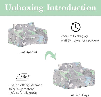 Tiita Kids Sofa, 2-in-1 Kids Sofa Chair, Convertible Toddler Couch to Lounger, Flip Out Baby Sofa Chair, Toddler Armrest Chair Bed, Folding Kids Play Sofa for Girl or Boy(Dark Grey Dinosaur)