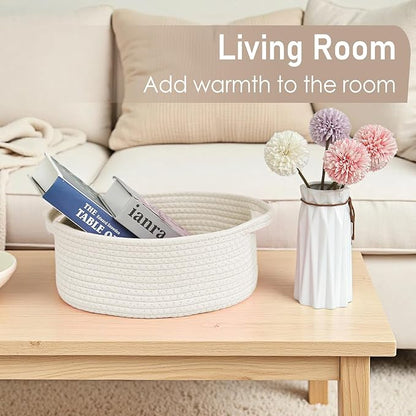 JMvicyroam Woven Basket,Small Rope Storage Bin with Handles & Ribbon Bag, Organizer for Shelves Closets,Gift Basket Empty for Birthday,Books,Dog Toys,White/3 Pack
