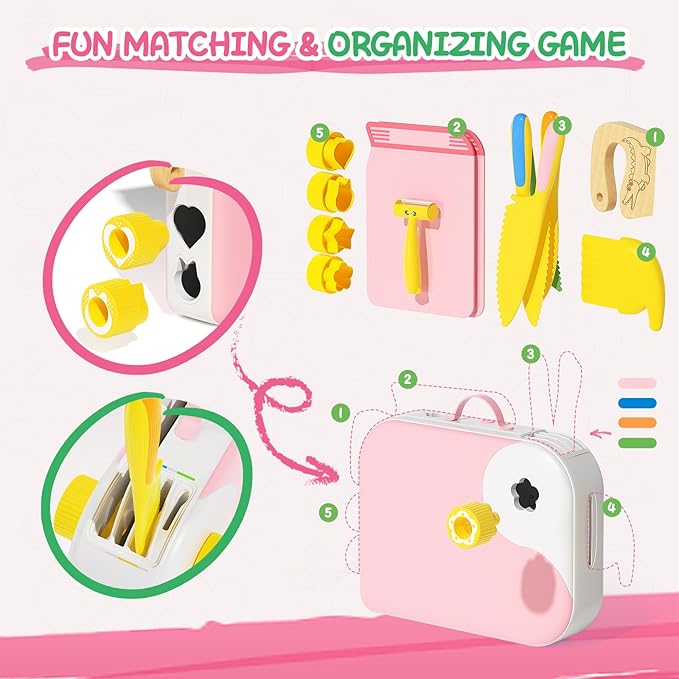 Kids Kitchen Knife Set for Real Cooking with Storage Box Pink, Montessori Kitchen Toy with Cutting Board, Plastic Toddler Knives, Peeler, Wooden Safe Knife for Age 3 4 5 6 7 8