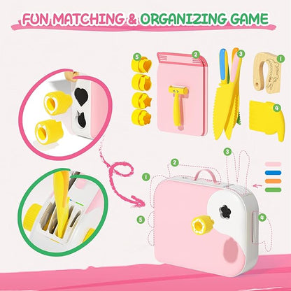 Kids Kitchen Knife Set for Real Cooking with Storage Box Pink, Montessori Kitchen Toy with Cutting Board, Plastic Toddler Knives, Peeler, Wooden Safe Knife for Age 3 4 5 6 7 8