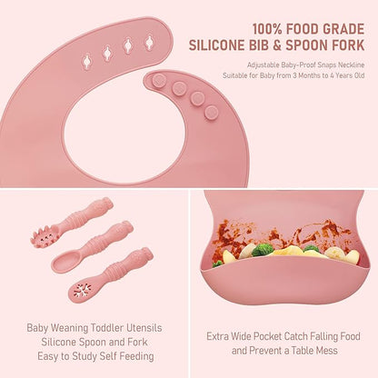 Baby Weaning Set, Silicone Baby Feeding Set(10 Pcs), Toddler Weaning Set with Adjustable Bib, Suction Bowl, Plate, Fork, Spoon, Water & Snack Cup Kit, Baby Led Weaning Kit for Babies and Kids
