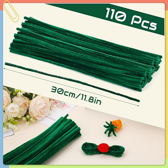 110 Pieces Green Pipe Cleaners, Pipe Cleaners Craft, Craft Pipe Cleaners Chenille Stem Bulk, Art Pipe Cleaners for Creative Decoration Christmas Valentine's Mother's Day