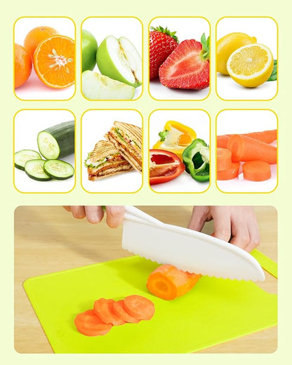 Kids Knife Set, 5 Pcs Montessori Kitchen Tools for Toddlers' Real Cooking for 3+, BPA Free Kids Safe Kitchen Cooking and Baking Set with Peeler, Cutting Board for Sandwich Bread Vegetable Fruit Gift