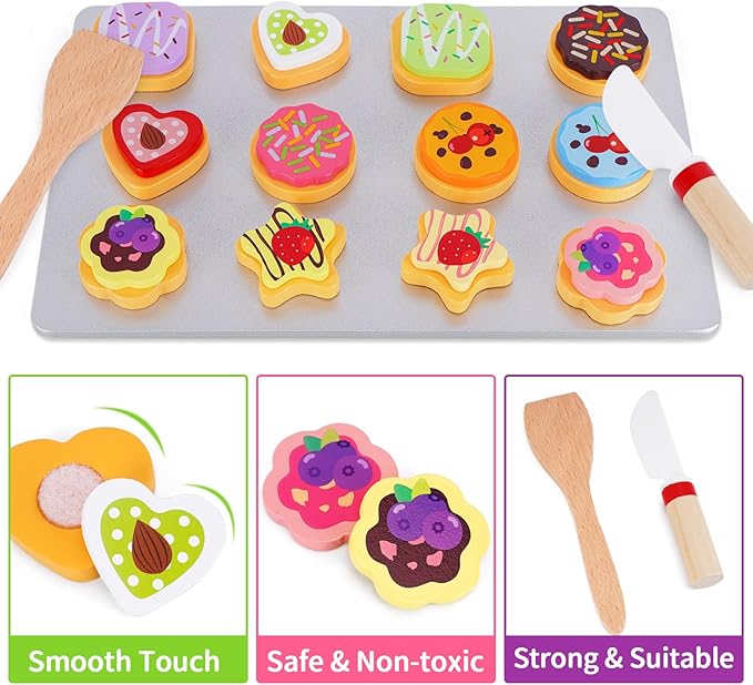 Slice and Bake Wooden Cookie Play Food Set for Kids Kitchen - Toy Food Accessories - Kids Pretend Cookies and Baking Sheet, Toy Baking Set for 3+ Year Old Boys Girls Birthday Gifts