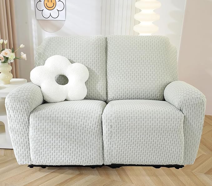 vctops 6 Pieces Jacquard Plush Recliner Loveseat Slipcover Stretch Soft Sofa Couch Cover Anti-Slip Solid Color Furniture Protector with Elastic Bottom for Kids Cats Dogs(Light Grey,2 Seat)