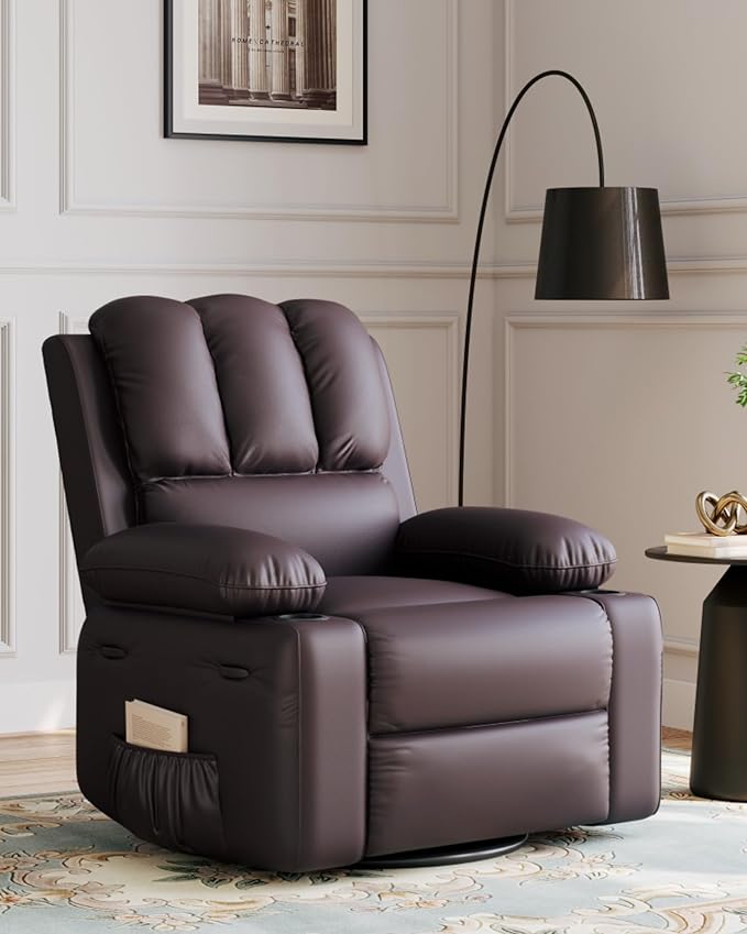 22'' Leather Recliner Chair for Adults, Overstuffed Manual Recliner Chair, Single Sofa with Cup Holder and Side Pockets, Upholstered Chair for Living Rooms, Coffee