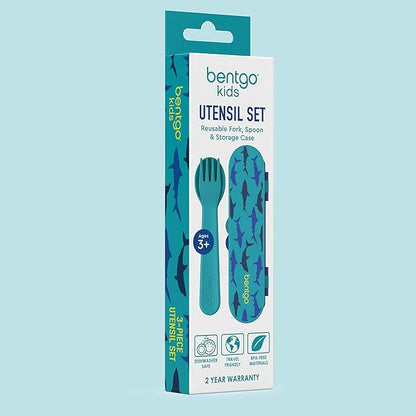 Bentgo Kids Utensil Set - Reusable Plastic Fork, Spoon & Storage Case - BPA-Free Materials, Easy-Grip Handles, Dishwasher Safe - Ideal for School Lunch, Travel, & Outdoors (Shark)