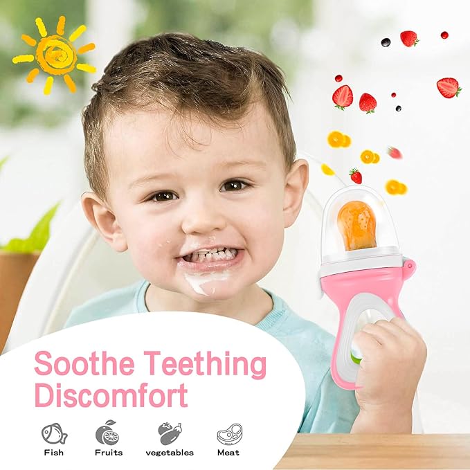 Baby Fruit Feeder with Mini Freezer Tray, Baby Teethers, Breastmilk Popsicle Molds for Baby Teething Relief, Silicone Fresh Food Feeder for Safe Infant Self Feeding (Candy Pink)