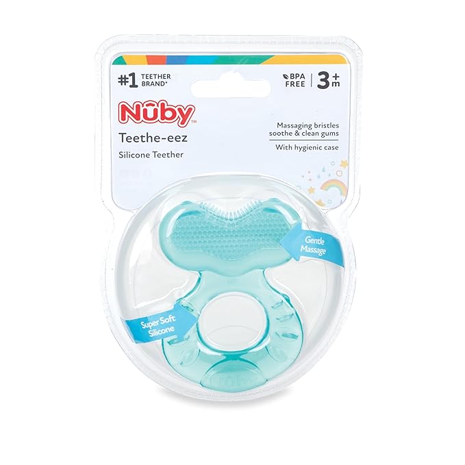 Nuby Silicone Teethe-EEZ Teether with Bristles, Includes Hygienic Case, Aqua (Pack of 1)