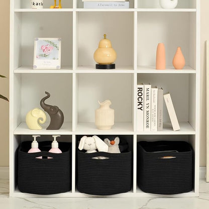 ICERZCZ Large Storage Baskets for Organizing Shelves, Woven Cotton Rope Bins for Baby Nursery Organization, Book Toy Towel Organizer, 17"x13"x9.5", 3 Packs, Black