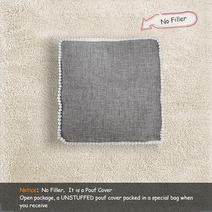 Louis Donné Unstuffed Pouf Ottoman Footstool Cover Gray Cottom Fabric for Storage, Decorative Washable Pouf Footstool with Trim Lace for Living Room House Warming Gifts(Only Cover)