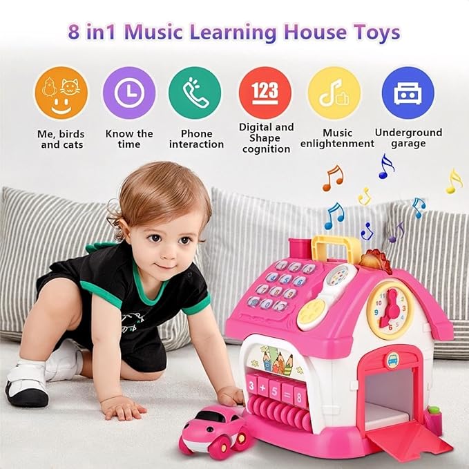 Montessori 8-in-1 Bilingual Musical Activity House | EN/ES Learning Toy with Volume Control & Travel Handle | Develops Fine Motor Skills for 1-3 Year Old Toddlers & First Birthday Gift