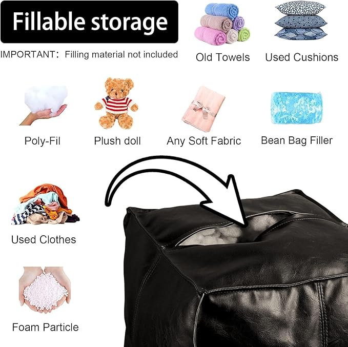 Louis Donné 17.7" Black Square Unstuffed Pouf Ottoman Cover Footstool Handmade Faux Leather Pouffe for Reading Storage Toy Square Ottoman for Living Room Balcony Office Outdoor Floor Chair Only Cover