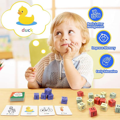 Wooden Blocks Spelling Game, Matching Letter Game for Kids Ages 3-8, Kindergarten Educational Sight Words Flash Cards Learning Toy, Preschool Montessori ABC Alphabet Crossword Puzzle