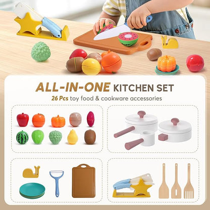 BIERUM Play Kitchen with Realistic Lights & Sounds, Wooden Kitchen Playset Chef Pretend Play Set for Toddlers, Toy Kitchen with 26 Pcs Toy Food & Cookware Accessories, Gift for Ages 3+ (White)