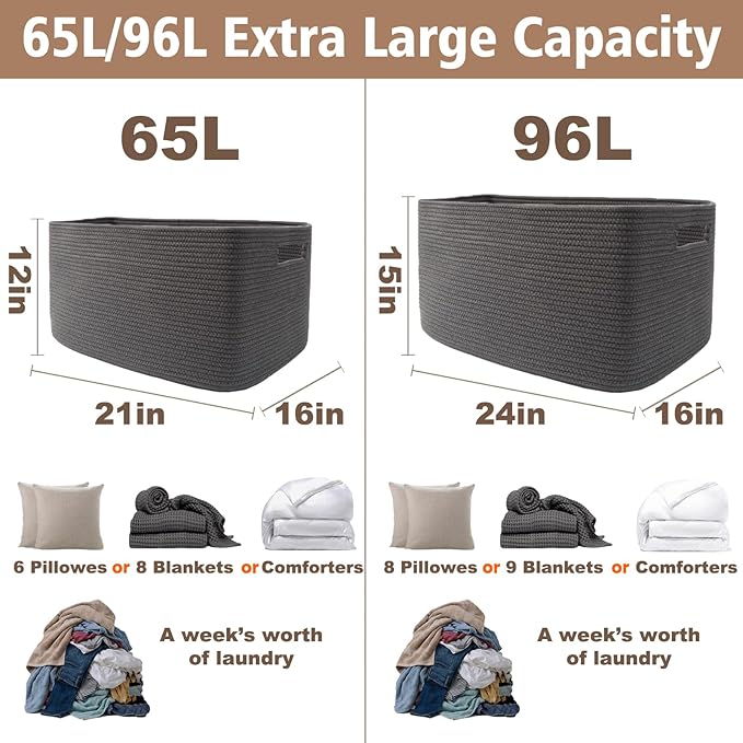 JMvicyroam Woven Blanket Basket,96L Large Storage Bin for Blankets Toys Clothes,Decorative Rope Basket for Living Room Bedroom with Handles, Grey