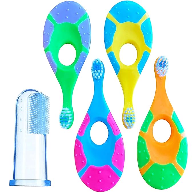 Baby Toothbrush 4 Pack, Toddler Toothbrush Age 1-2 & Bonus Silicone Finger Brush, Soft Bristles, Toddler Toothbrushes, Infant & Training w/Teething Handle, 0-2 Years, Multi Color Set