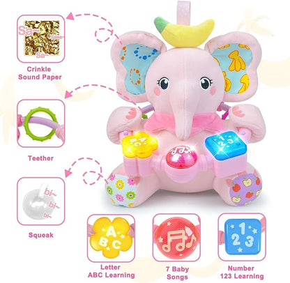 Holaxander Baby Elephant Musical Stuffed Animals Toy with Light-Up Music & Crinkle Sound Paper,Infant Bilingual Early Learning Education Toys,Tummy Time Toys for 0-3-6-12+ Months Boy Girl, Pink