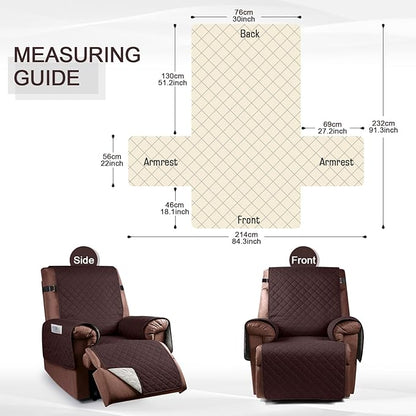 KinCam 100% Waterproof Recliner Chair Cover, Reclining Couch Covers for Pets, Dogs, Recliner Couch Slipcover Furniture Protector with Elastic Straps for Kids(30", Coffee)
