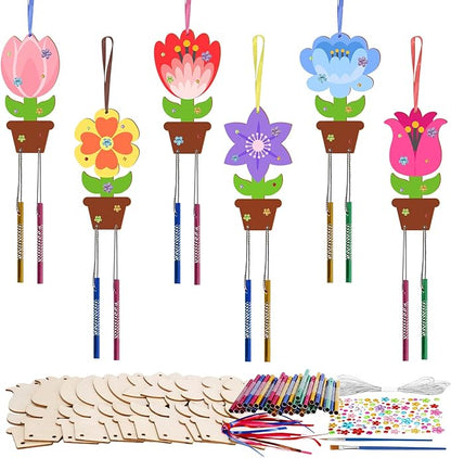 Fennoral 12 Pack Flower Wind Chime Craft for Kids Make You Own Flower Wind Chimes Ornaments DIY Coloring Wooden Art and Craft for Spring Summer Art Activities Birthday Decorations