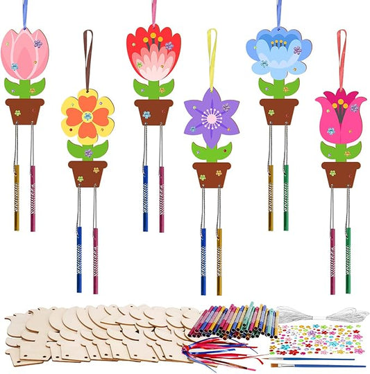 Fennoral 12 Pack Flower Wind Chime Craft for Kids Make You Own Flower Wind Chimes Ornaments DIY Coloring Wooden Art and Craft for Spring Summer Art Activities Birthday Decorations