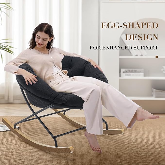 COLAMY Rocking Chair Nursery, Upholstered Glider Rocker Accent Chair Saucer Armchair with Comfy Cushions, Wood Base and Metal Legs for Living Room, Bedroom, Office, Black