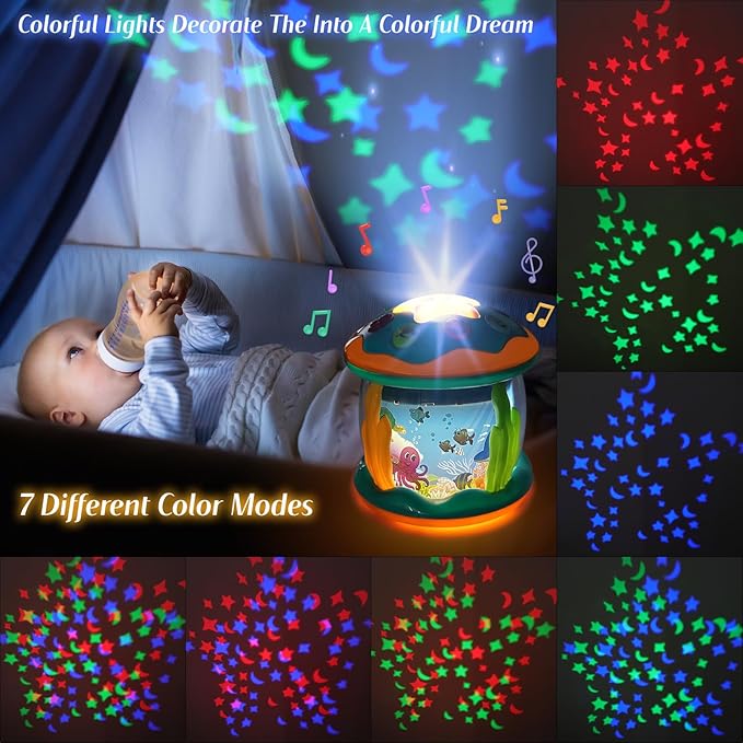 Baby Toys 6 to 12 Months Musical Light Up Tummy Time Infant Toys 3-6 7 8 9 12-18 Months Crawling Ocean Rotating Projector Baby Gifts for 1 2 3 Year Old Boy Girl Birthday Toddlers Kids