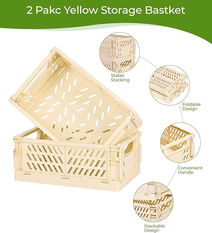 HUUSMOT 2-Pack Small Pastel Plastic Storage Baskets, Collapsible Crates for Organizing, Space-Saving Mini Bins for Classroom, Kitchen, Office, Bedroom (Yellow, 9.8" x 6.5" x 3.8")