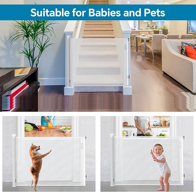 Bulubaky Extra Tall Safety Retractable Baby Gate Adjustable Wide Retractable Dog Gate Mesh Baby Gate Child Gate for Doorway, Hallway, Stair Gates for Kids or Pets (White, 42" Tall x 55" Wide)