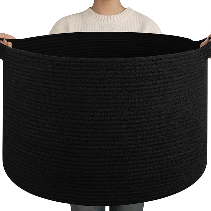 OIAHOMY 90L XXXLarge Blanket Basket for Living Room, 21.7" x 13.8" Woven Cotton Rope Laundry Basket for Organizing Pillows, Decorative Stuffed Animal Toy Storage Bin for Nursery, Black