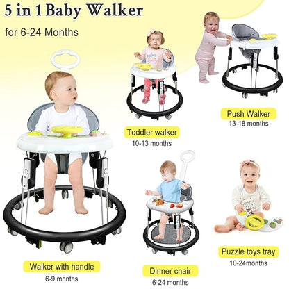 Foldable Baby Walker for Boys and Girls, 5-in-1 Baby Walker with Wheels, Adjustable Height Toddler Activity Walker with Music Tray, Detachable Seat and Mute Anti-Rollover Baby Walkers for 8-24 Months