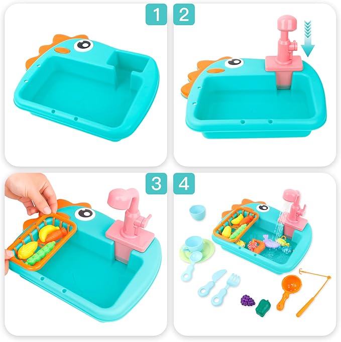 Ruibytree Play Kitchen Sink Toy, Water Toys for Kids with Electronic Dishwasher, Pretend Play Utensils Accessories and Play Cutting Food for Boys and Girls (Dinosaur)