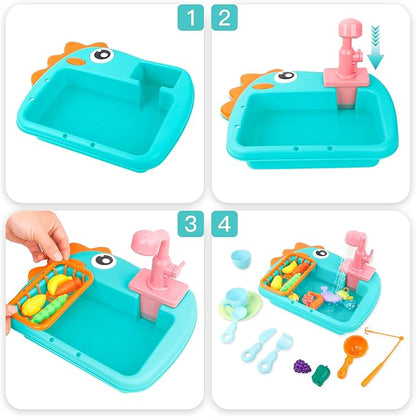 Ruibytree Play Kitchen Sink Toy, Water Toys for Kids with Electronic Dishwasher, Pretend Play Utensils Accessories and Play Cutting Food for Boys and Girls (Dinosaur)