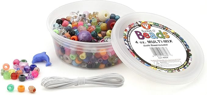 Hygloss Products, Assorted Bucket O’ Beads, Multi-Mix, Sizes, 4 Oz. Container (with Elastic Thread)