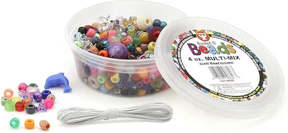 Hygloss Products, Assorted Bucket O’ Beads, Multi-Mix, Sizes, 4 Oz. Container (with Elastic Thread)