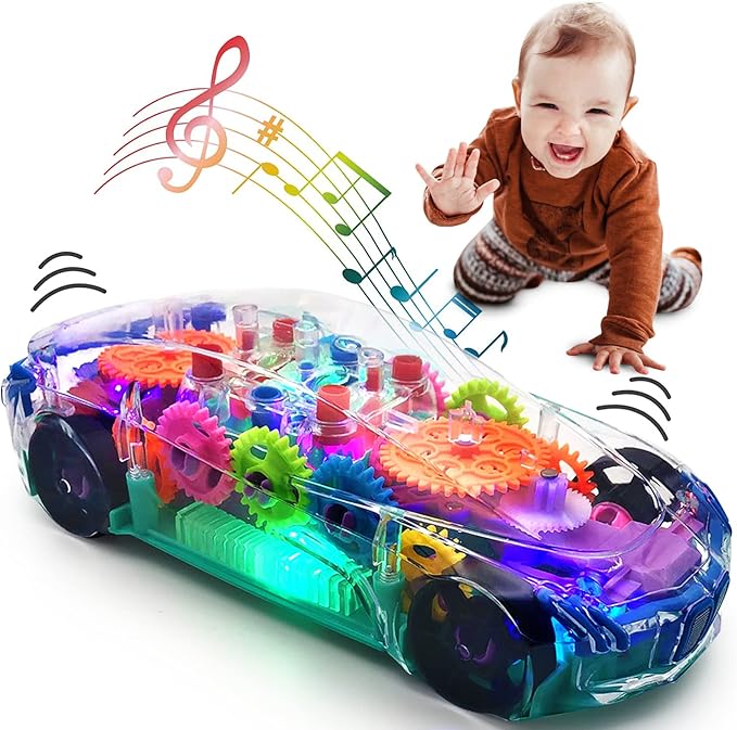 Transparent Sensory Gear Toy Car for Kids, Bump & Go Toy Car with Colorful Moving Gears, Music & LED Lights, Interactive Light Up Toys for Toddlers, Boys & Girls, Great Birthday Gift