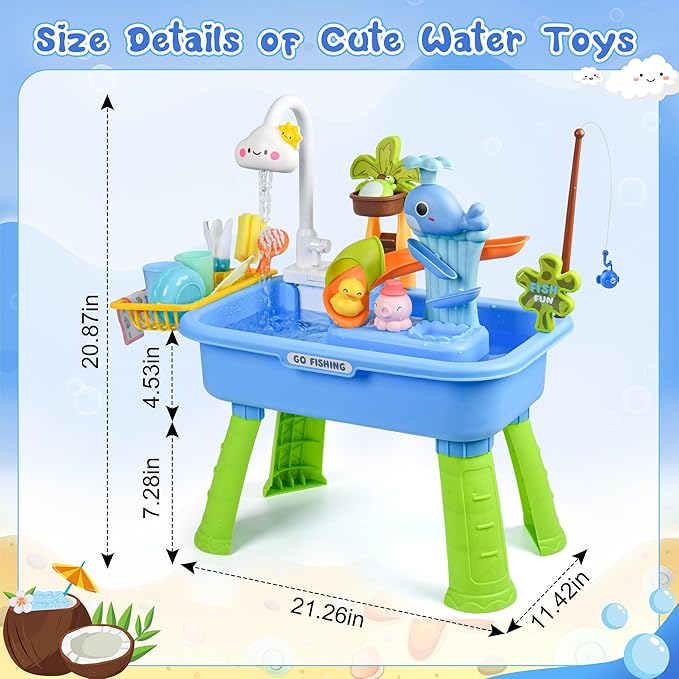 Upgraded Toddler Sand Water Table Toy with Electric Water Pump, Kids Sand Water with Faucet/Play Food Accessories/Fishing Toy, Kitchen Play Sink Toys for Girl Boy Age 3+ (Blue)