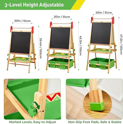 FUNLIO Anti-Warping Kids Art Easel, 3 Height Adjustable for Kids Aged 2-8, All-in-One Toddler Easel with Paper Roll & Erasable Frame, Standing Easel with Magnetic Chalkboard/Whiteboard (Green)